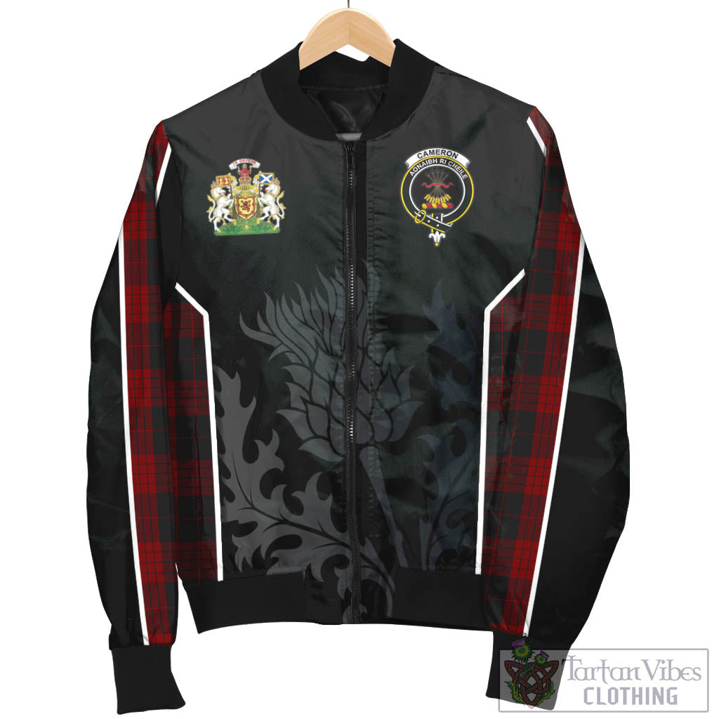 Tartan Vibes Clothing Cameron Black and Red Tartan Bomber Jacket with Family Crest and Scottish Thistle Vibes Sport Style