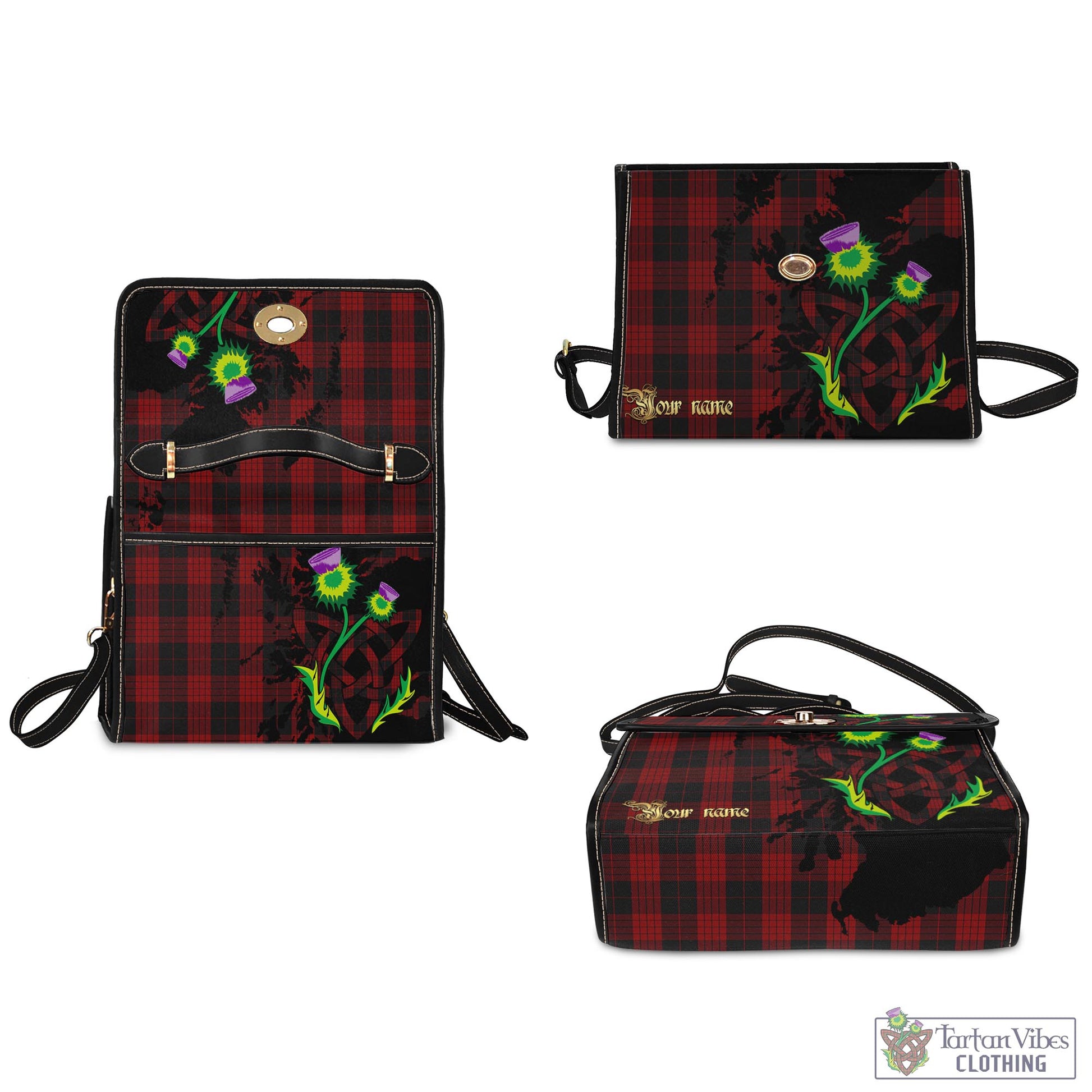 Tartan Vibes Clothing Cameron Black and Red Tartan Waterproof Canvas Bag with Scotland Map and Thistle Celtic Accents