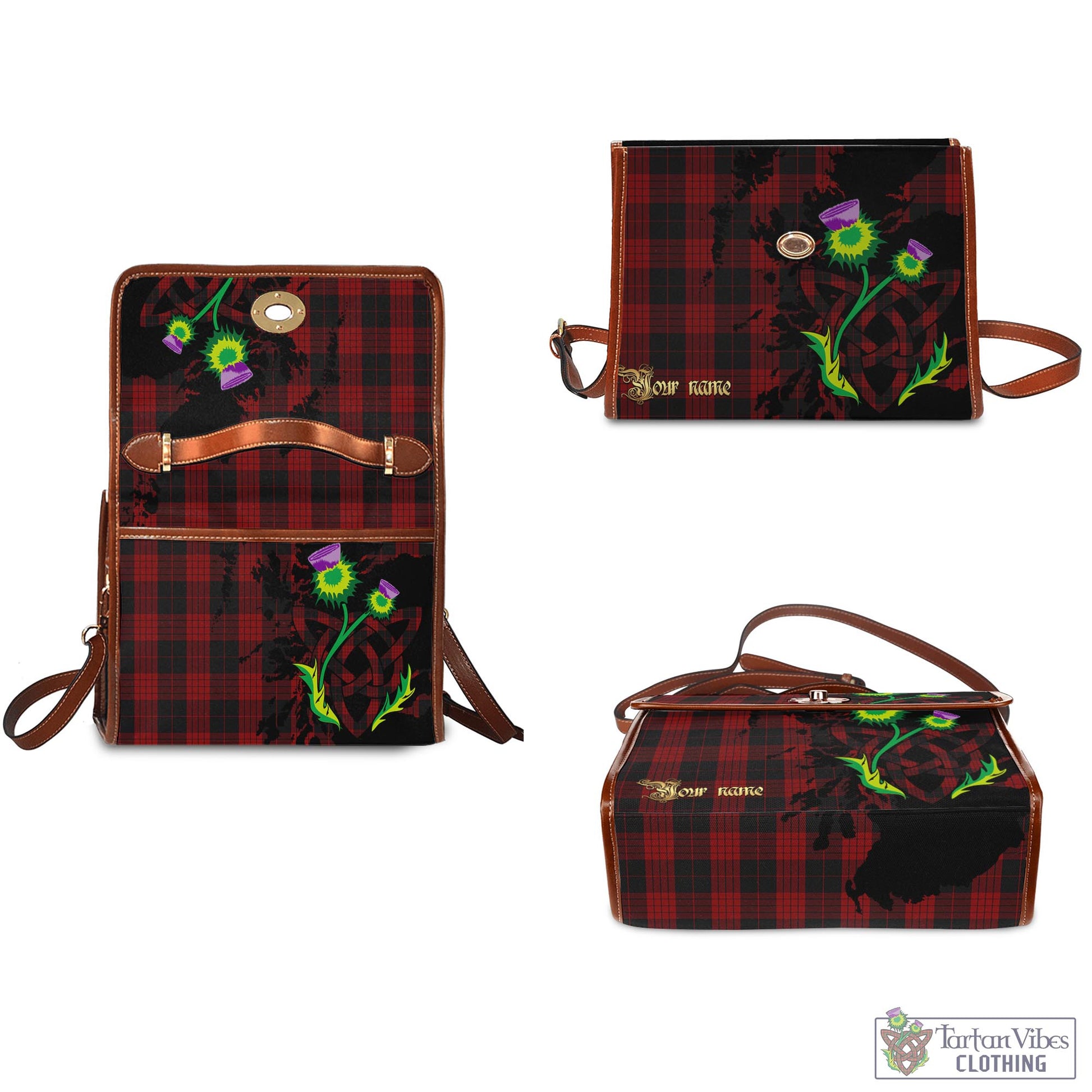 Tartan Vibes Clothing Cameron Black and Red Tartan Waterproof Canvas Bag with Scotland Map and Thistle Celtic Accents