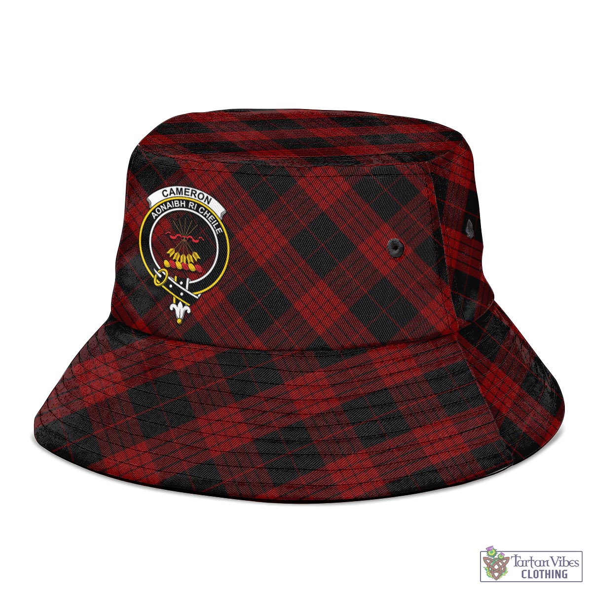 Tartan Vibes Clothing Cameron Black and Red Tartan Bucket Hat with Family Crest