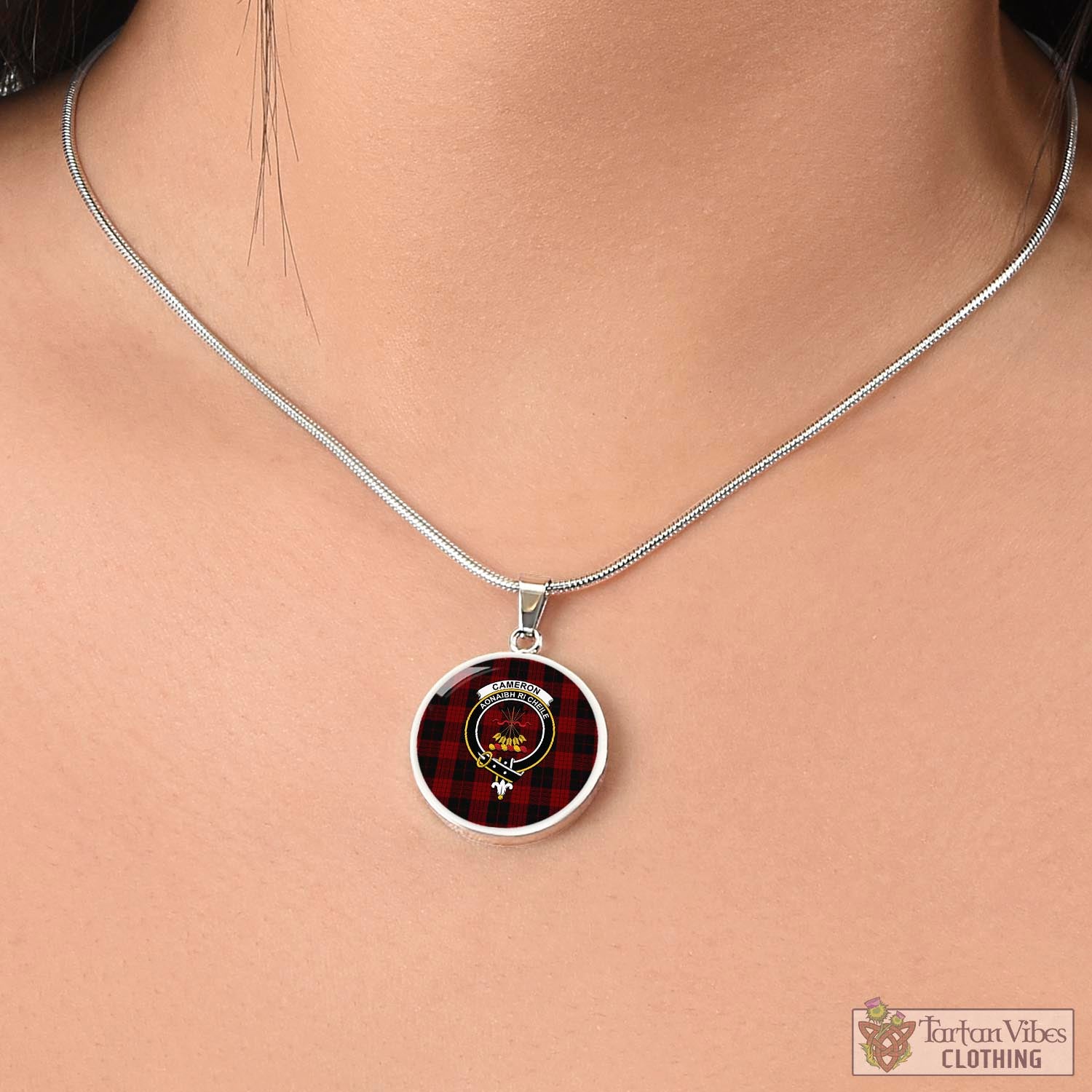 Tartan Vibes Clothing Cameron Black and Red Tartan Circle Necklace with Family Crest