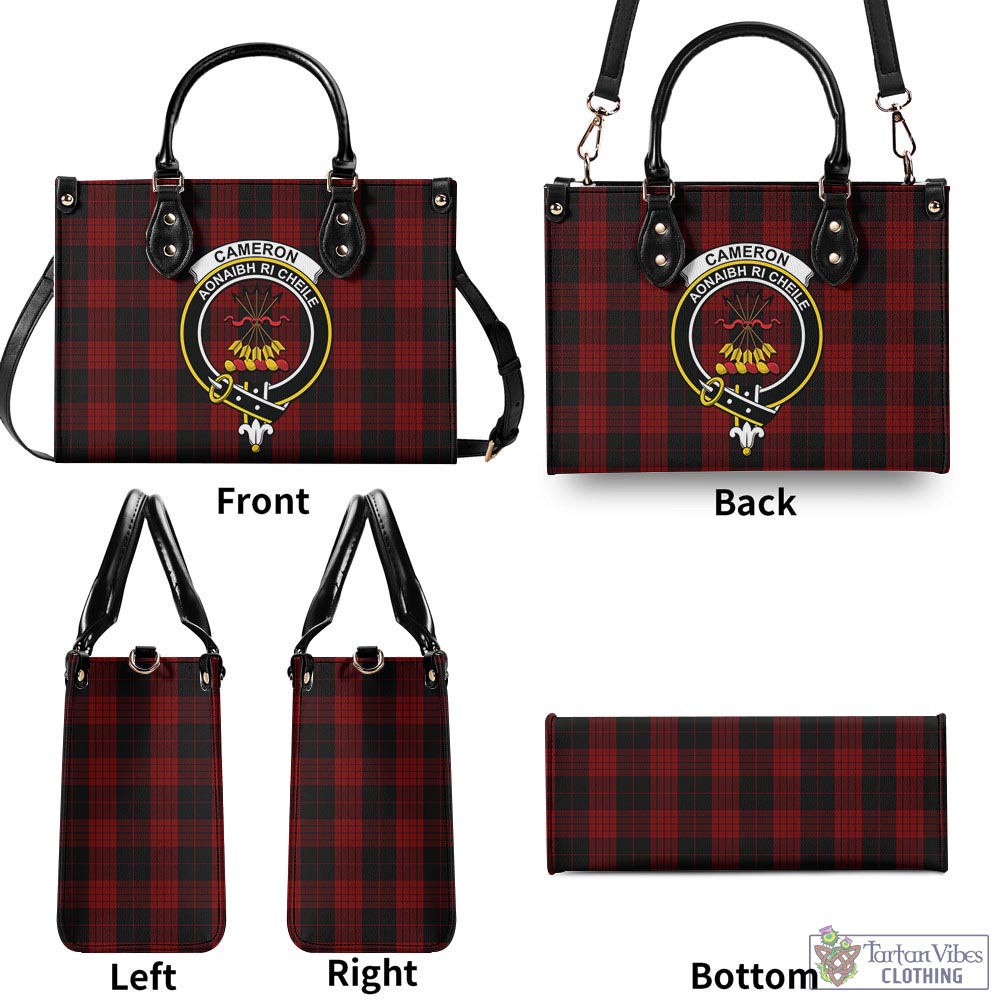 Tartan Vibes Clothing Cameron Black and Red Tartan Luxury Leather Handbags with Family Crest