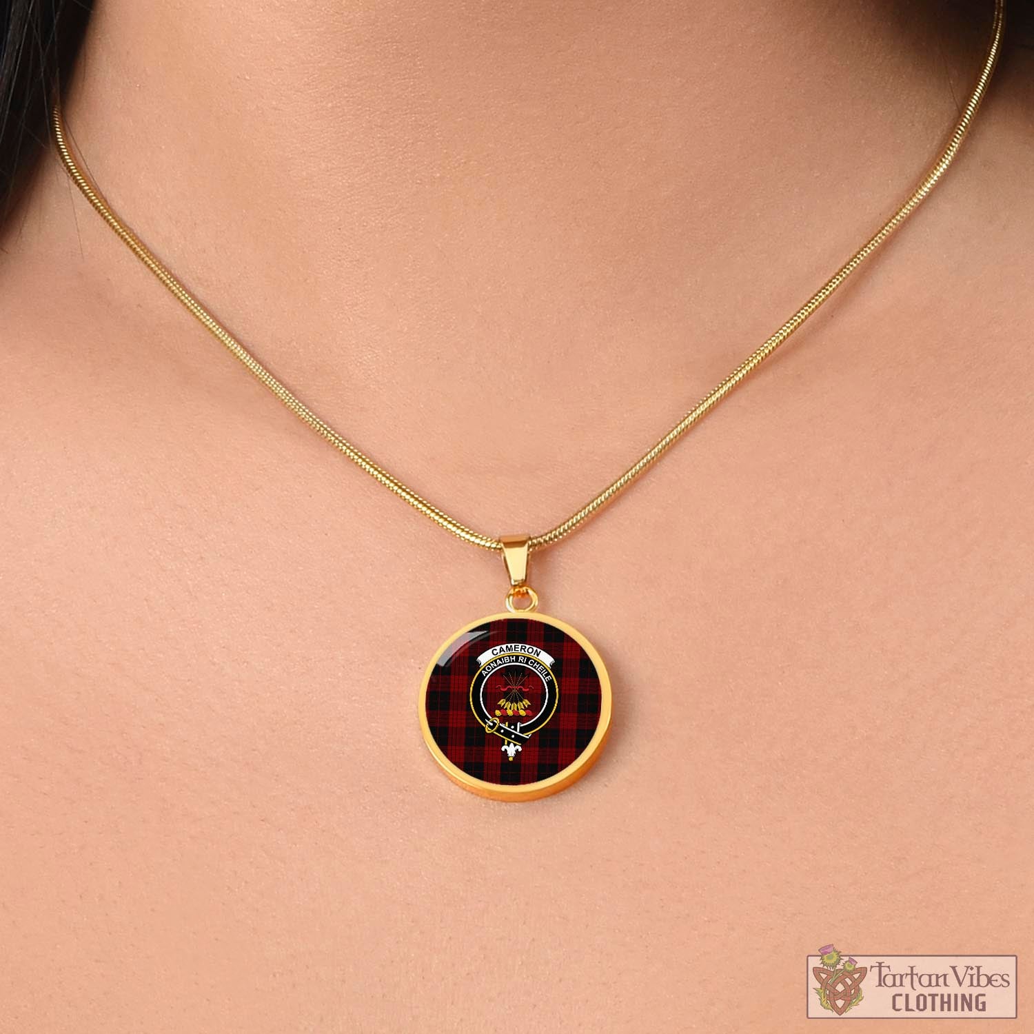 Tartan Vibes Clothing Cameron Black and Red Tartan Circle Necklace with Family Crest