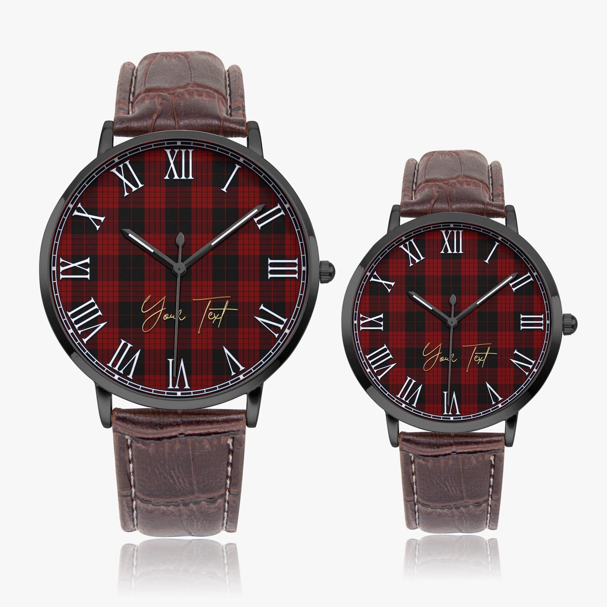 Cameron Black and Red Tartan Personalized Your Text Leather Trap Quartz Watch Ultra Thin Black Case With Brown Leather Strap - Tartanvibesclothing