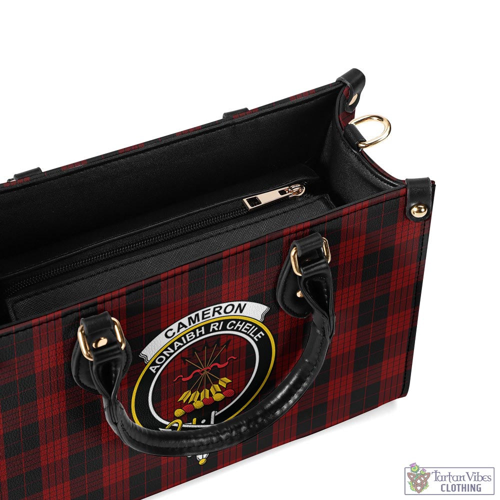 Tartan Vibes Clothing Cameron Black and Red Tartan Luxury Leather Handbags with Family Crest