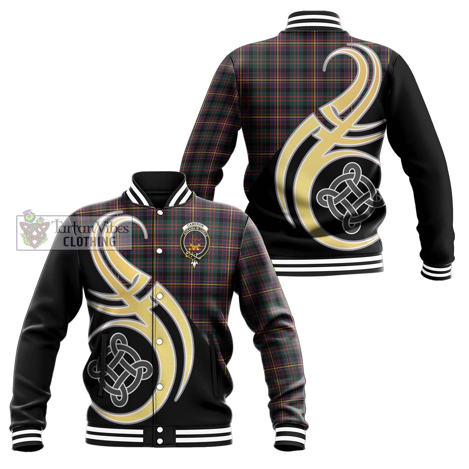 Cameron Highlanders of Ottawa Tartan Baseball Jacket with Family Crest and Celtic Symbol Style Unisex - Tartan Vibes Clothing