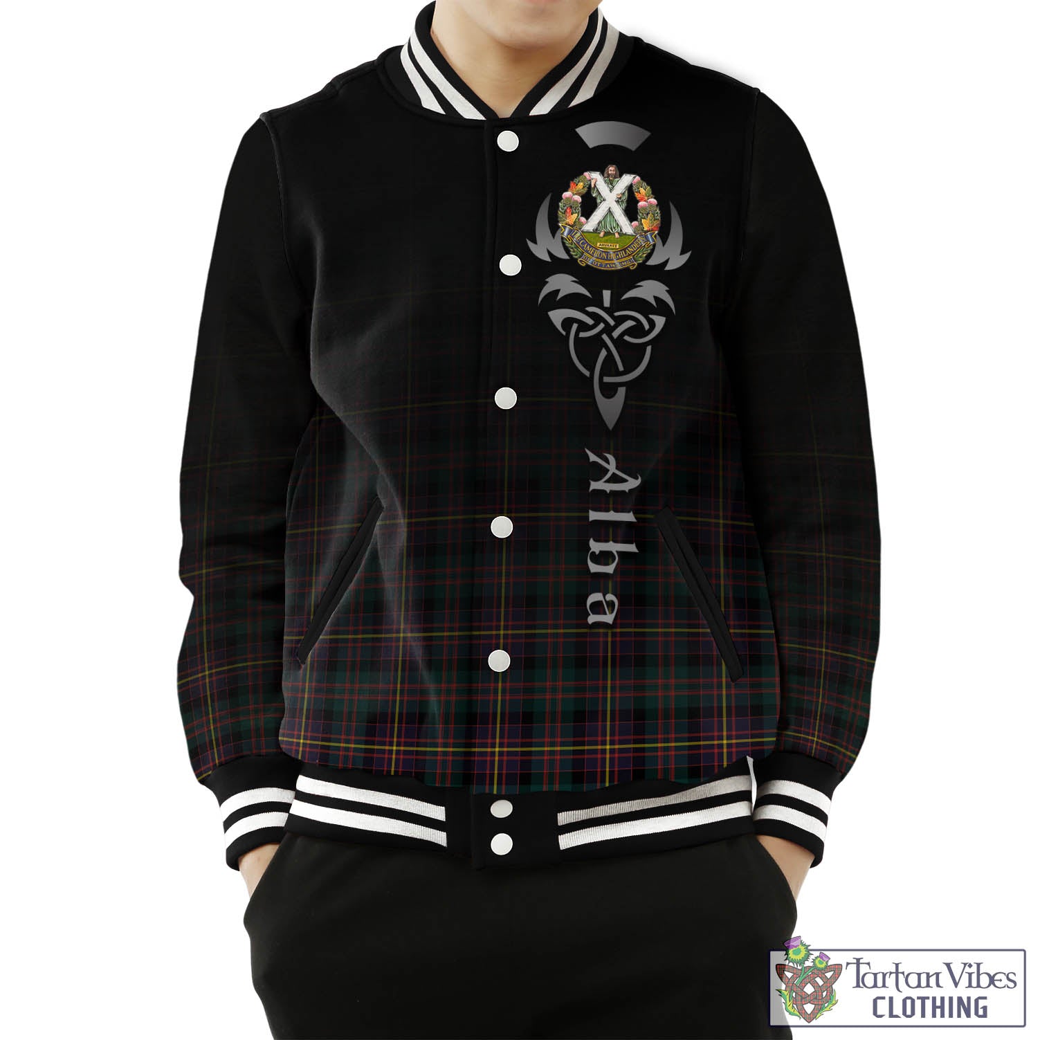 Tartan Vibes Clothing Cameron Highlanders of Ottawa Tartan Baseball Jacket Featuring Alba Gu Brath Family Crest Celtic Inspired