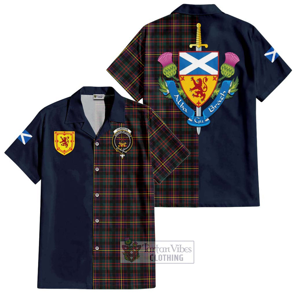 Tartan Vibes Clothing Cameron Highlanders of Ottawa Tartan Short Sleeve Button Shirt with Scottish Lion Royal Arm Half Style