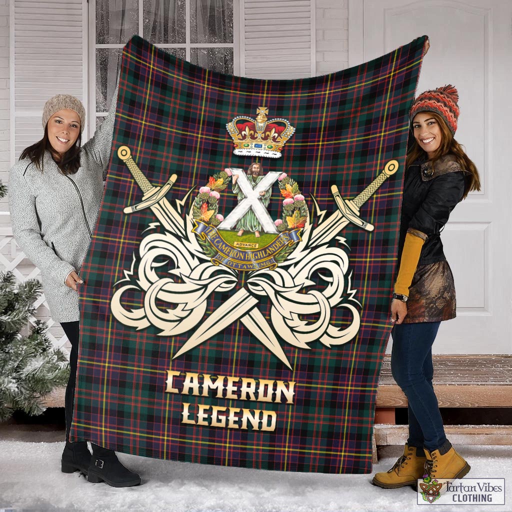 Tartan Vibes Clothing Cameron Highlanders of Ottawa Tartan Blanket with Clan Crest and the Golden Sword of Courageous Legacy