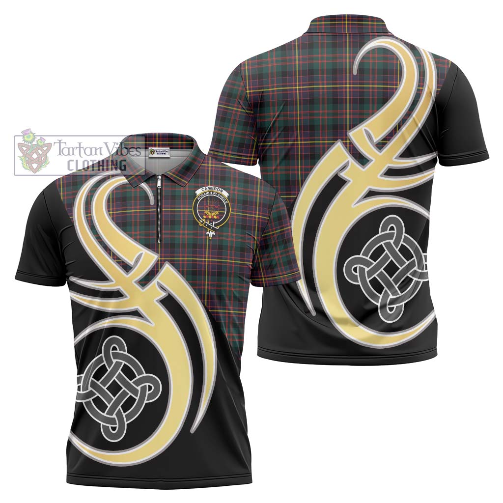 Tartan Vibes Clothing Cameron Highlanders of Ottawa Tartan Zipper Polo Shirt with Family Crest and Celtic Symbol Style