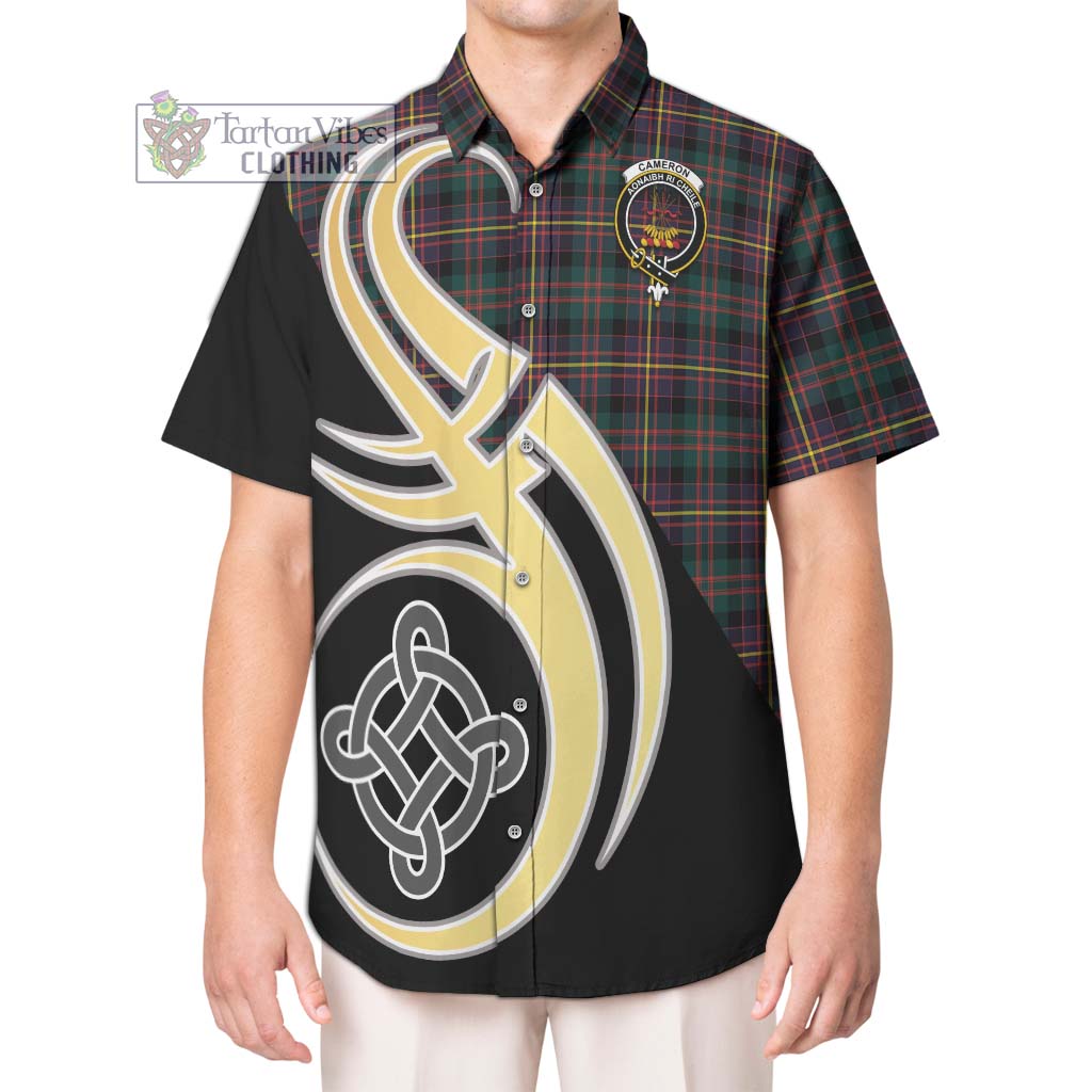 Cameron Highlanders of Ottawa Tartan Short Sleeve Button Shirt with Family Crest and Celtic Symbol Style Kid - Tartan Vibes Clothing