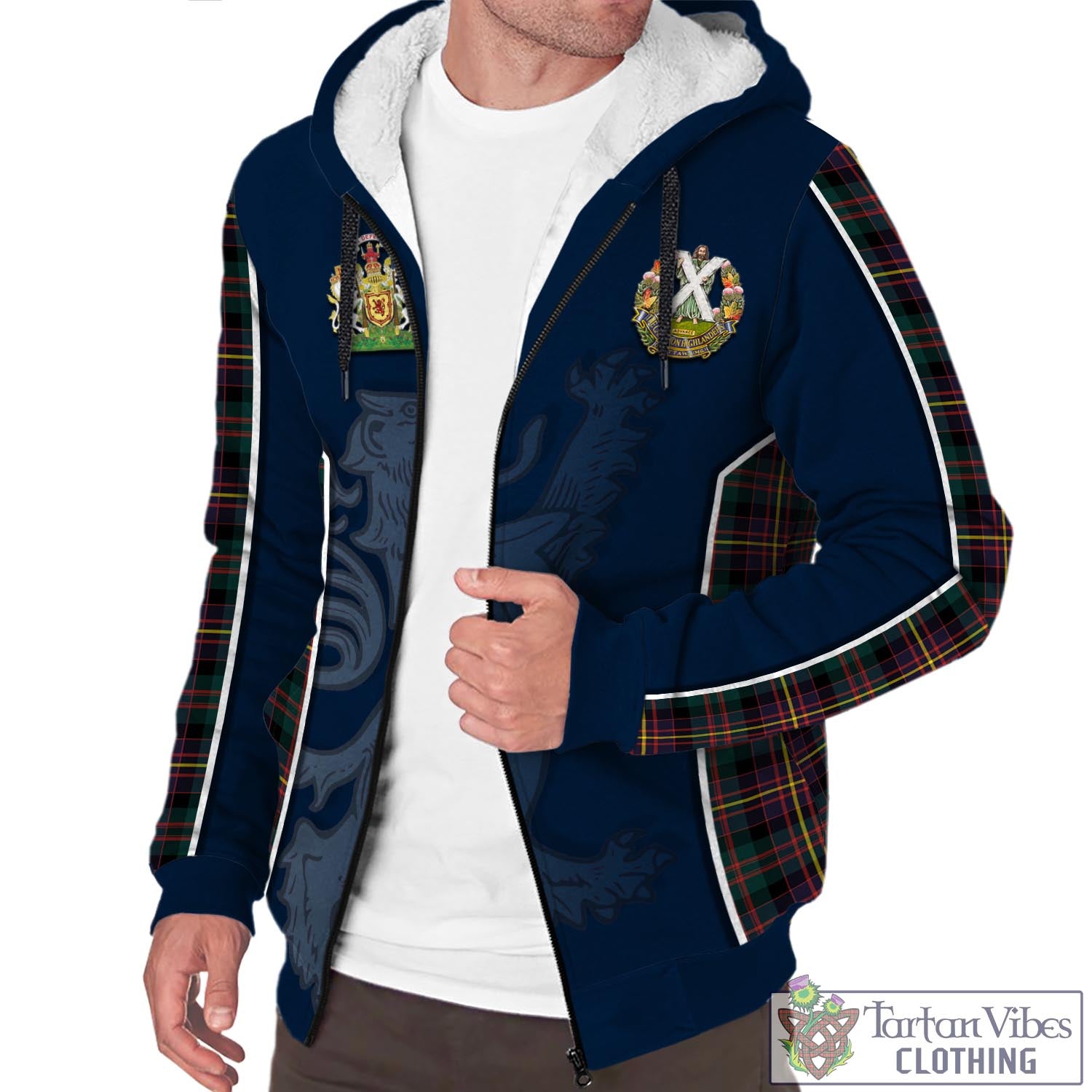 Tartan Vibes Clothing Cameron Highlanders of Ottawa Tartan Sherpa Hoodie with Family Crest and Lion Rampant Vibes Sport Style