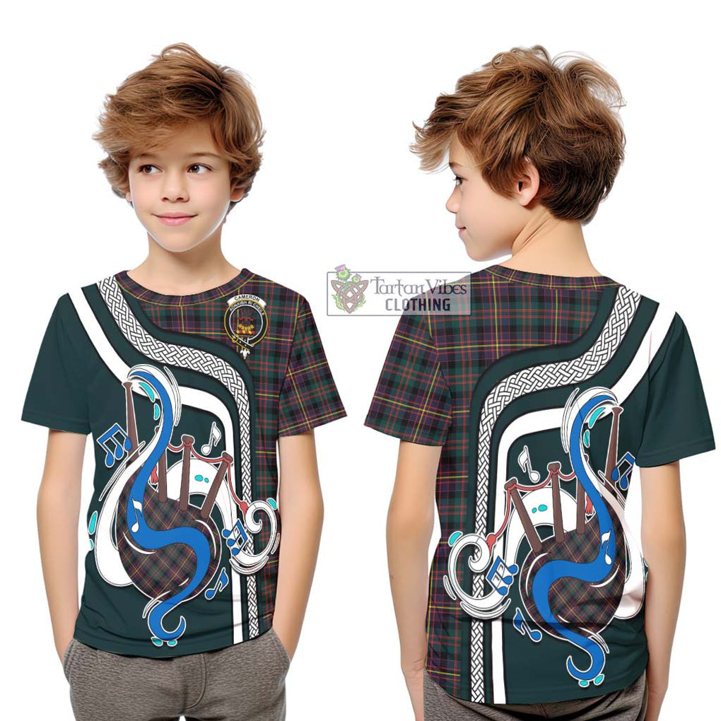 Tartan Vibes Clothing Cameron Highlanders of Ottawa Tartan Kid T-Shirt with Epic Bagpipe Style