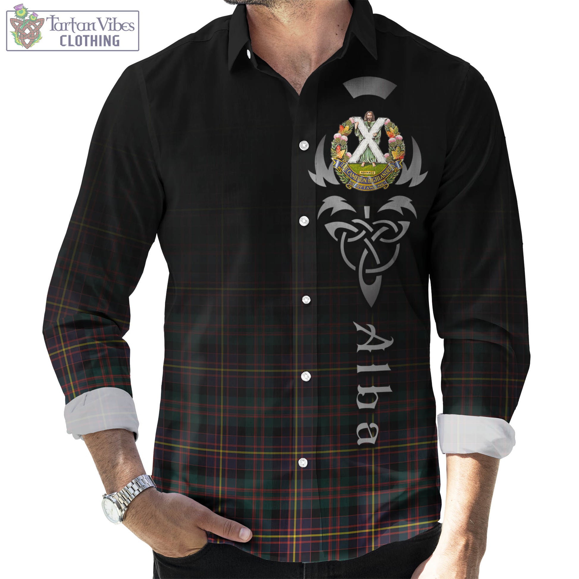 Tartan Vibes Clothing Cameron Highlanders of Ottawa Tartan Long Sleeve Button Up Featuring Alba Gu Brath Family Crest Celtic Inspired