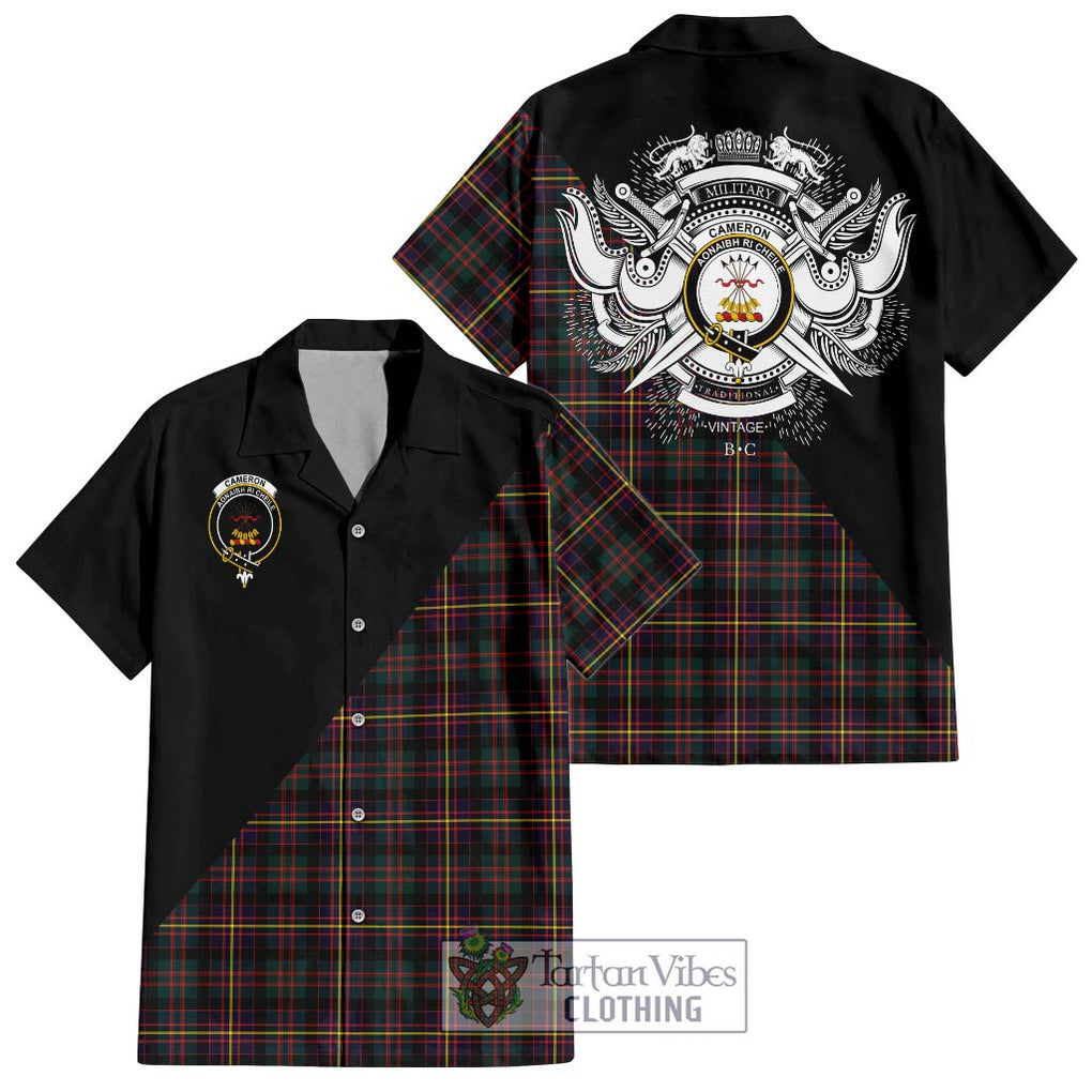 Cameron Highlanders of Ottawa Tartan Short Sleeve Button Shirt with Family Crest and Military Logo Style Kid - Tartanvibesclothing Shop