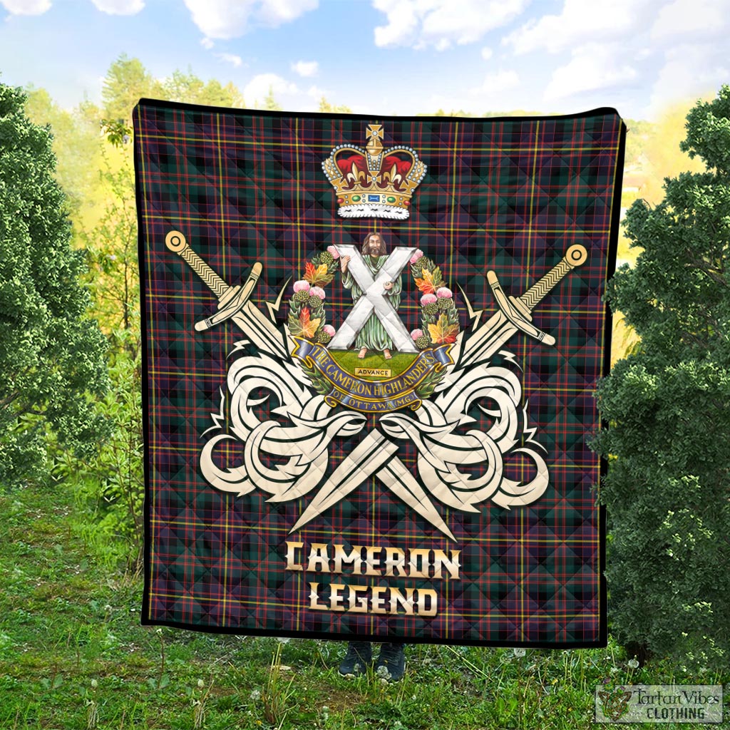 Tartan Vibes Clothing Cameron Highlanders of Ottawa Tartan Quilt with Clan Crest and the Golden Sword of Courageous Legacy