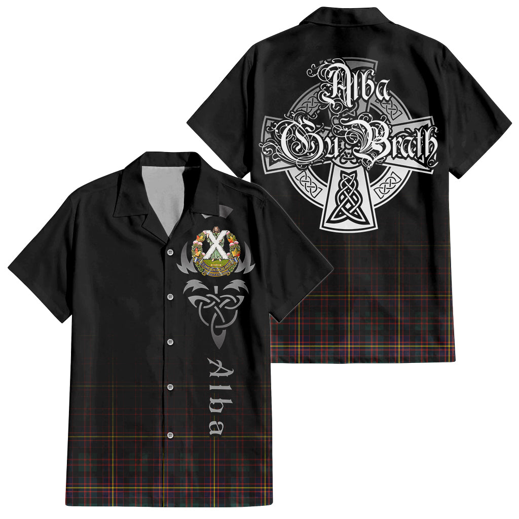 Tartan Vibes Clothing Cameron Highlanders of Ottawa Tartan Short Sleeve Button Up Featuring Alba Gu Brath Family Crest Celtic Inspired