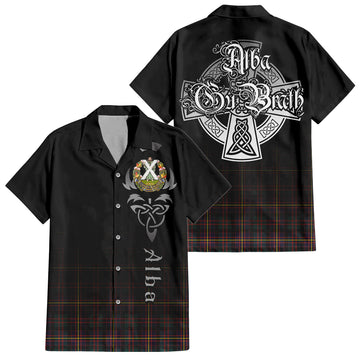 Cameron Highlanders of Ottawa Tartan Short Sleeve Button Up Shirt Featuring Alba Gu Brath Family Crest Celtic Inspired