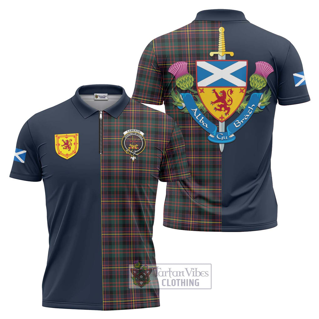 Tartan Vibes Clothing Cameron Highlanders of Ottawa Tartan Zipper Polo Shirt with Scottish Lion Royal Arm Half Style