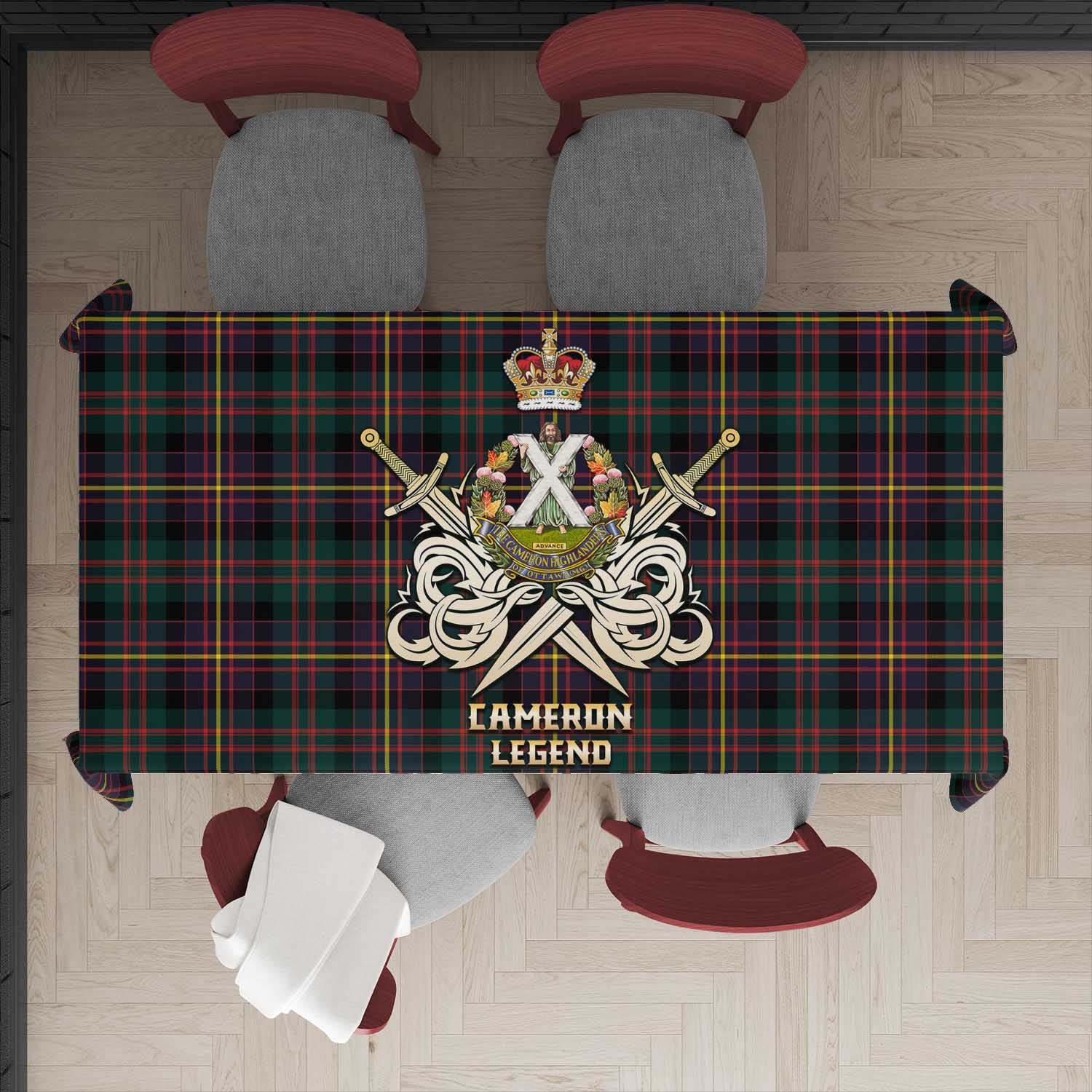 Tartan Vibes Clothing Cameron Highlanders of Ottawa Tartan Tablecloth with Clan Crest and the Golden Sword of Courageous Legacy