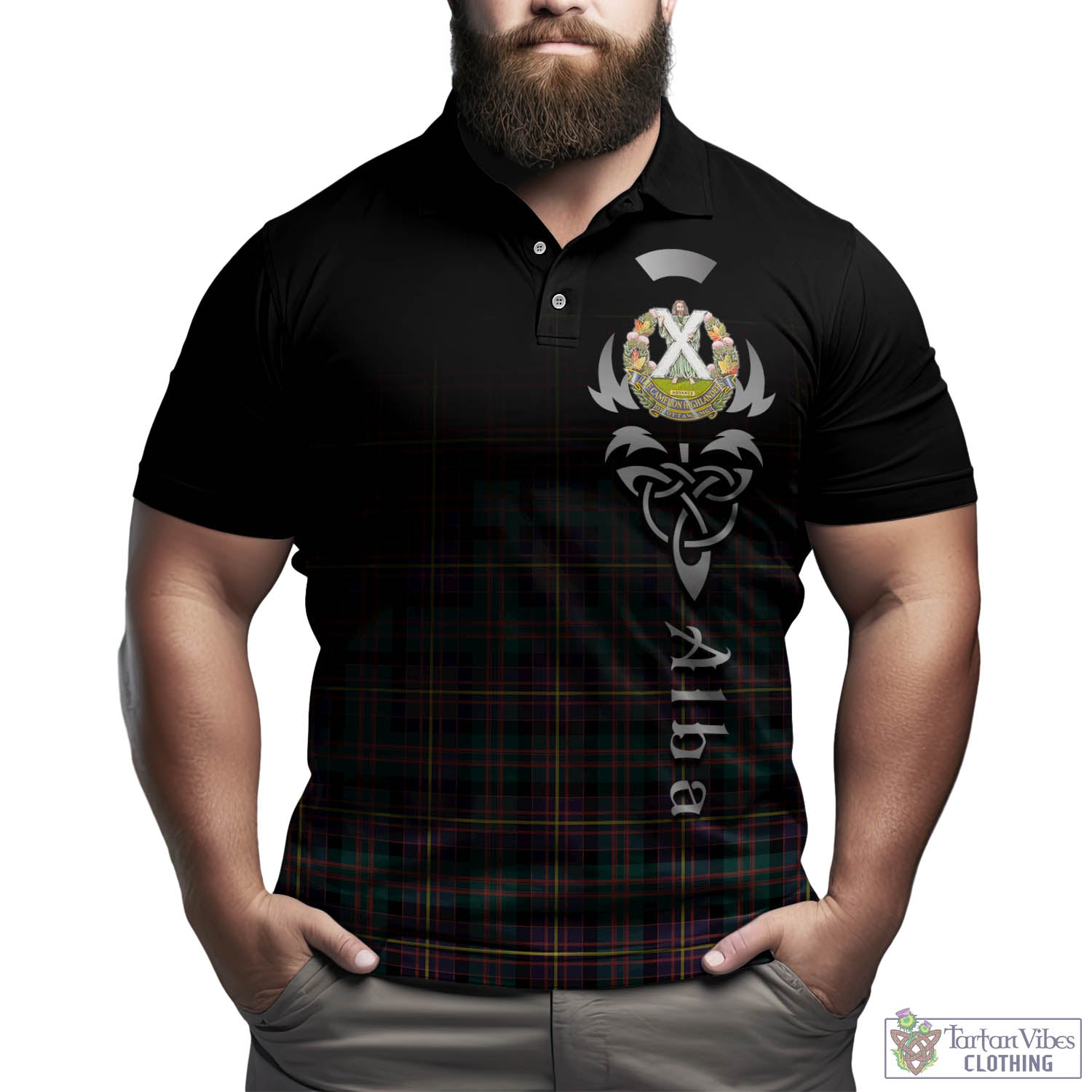 Tartan Vibes Clothing Cameron Highlanders of Ottawa Tartan Polo Shirt Featuring Alba Gu Brath Family Crest Celtic Inspired