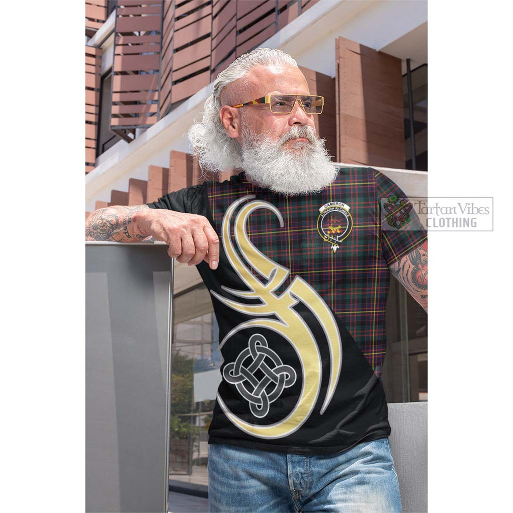 Tartan Vibes Clothing Cameron Highlanders of Ottawa Tartan Cotton T-shirt with Family Crest and Celtic Symbol Style