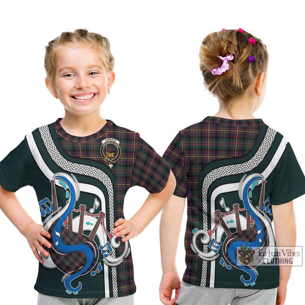 Tartan Vibes Clothing Cameron Highlanders of Ottawa Tartan Kid T-Shirt with Epic Bagpipe Style