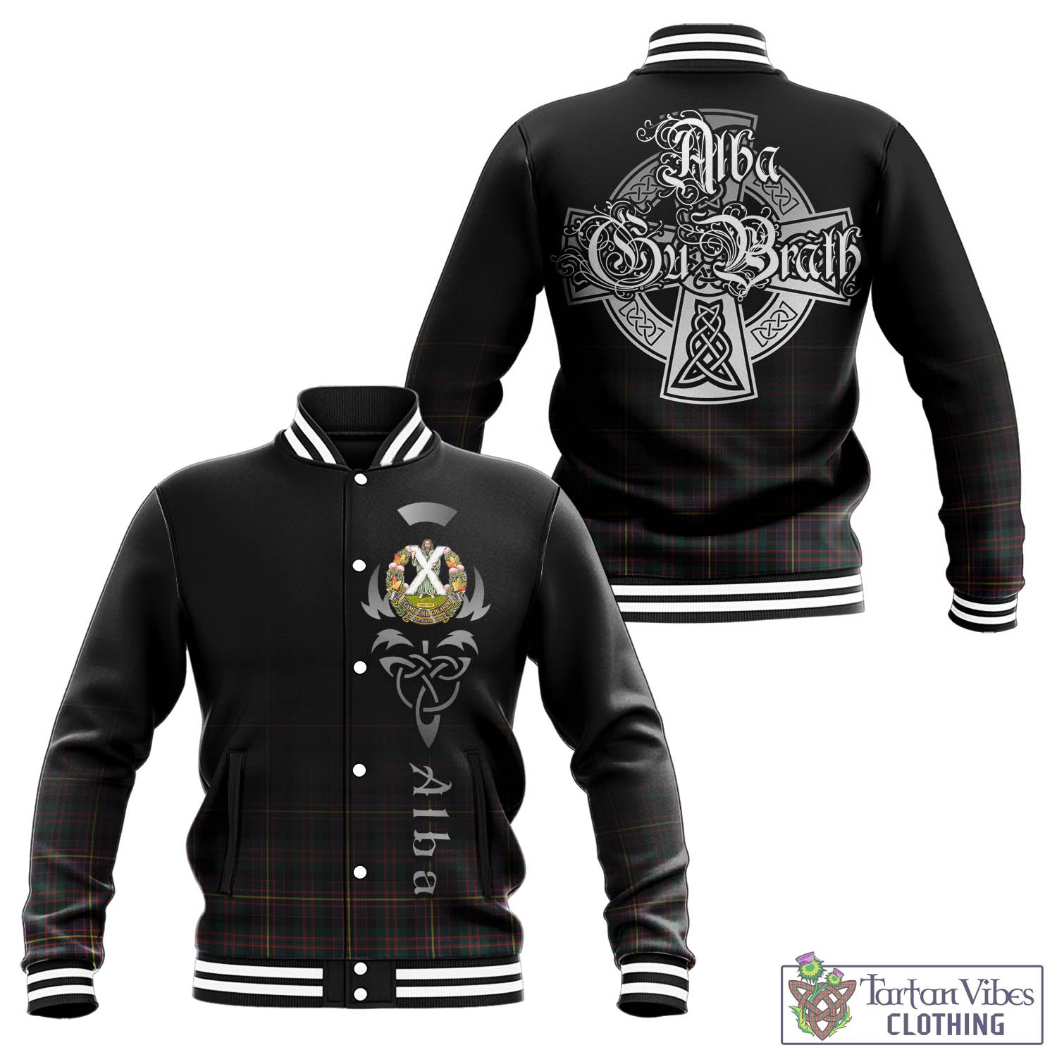 Tartan Vibes Clothing Cameron Highlanders of Ottawa Tartan Baseball Jacket Featuring Alba Gu Brath Family Crest Celtic Inspired