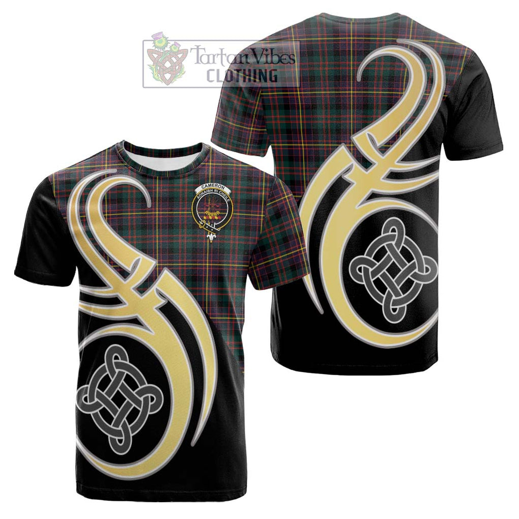 Tartan Vibes Clothing Cameron Highlanders of Ottawa Tartan Cotton T-shirt with Family Crest and Celtic Symbol Style