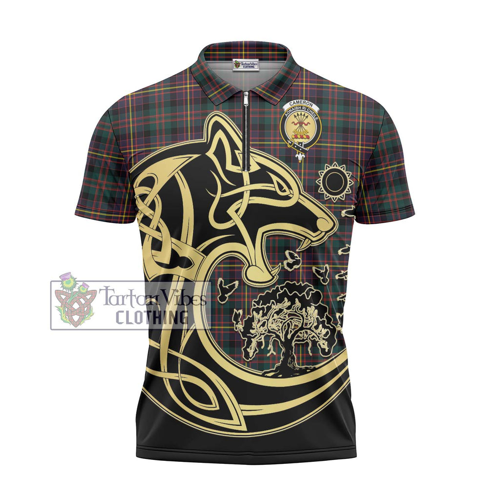 Cameron Highlanders of Ottawa Tartan Zipper Polo Shirt with Family Crest Celtic Wolf Style - Tartanvibesclothing Shop