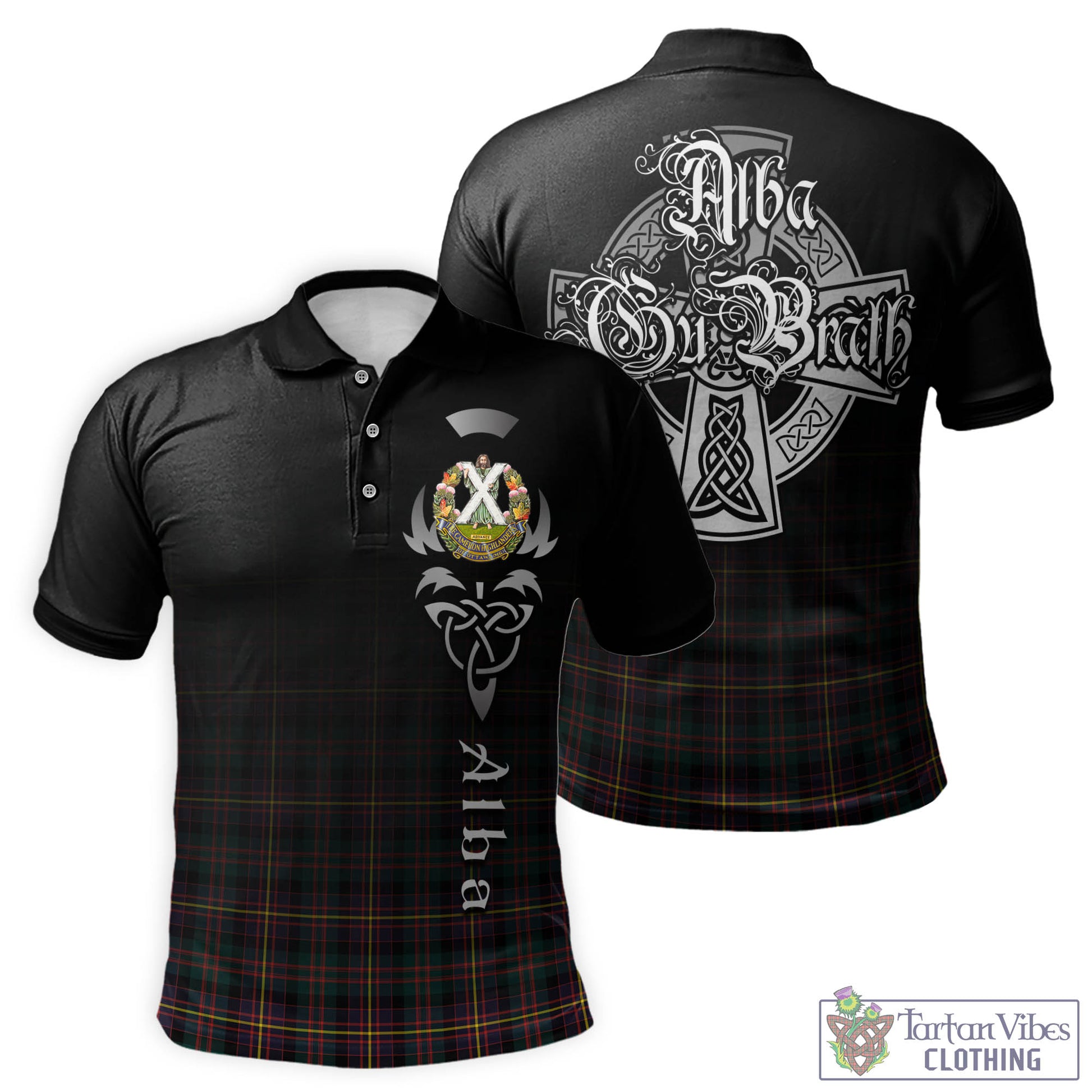 Tartan Vibes Clothing Cameron Highlanders of Ottawa Tartan Polo Shirt Featuring Alba Gu Brath Family Crest Celtic Inspired