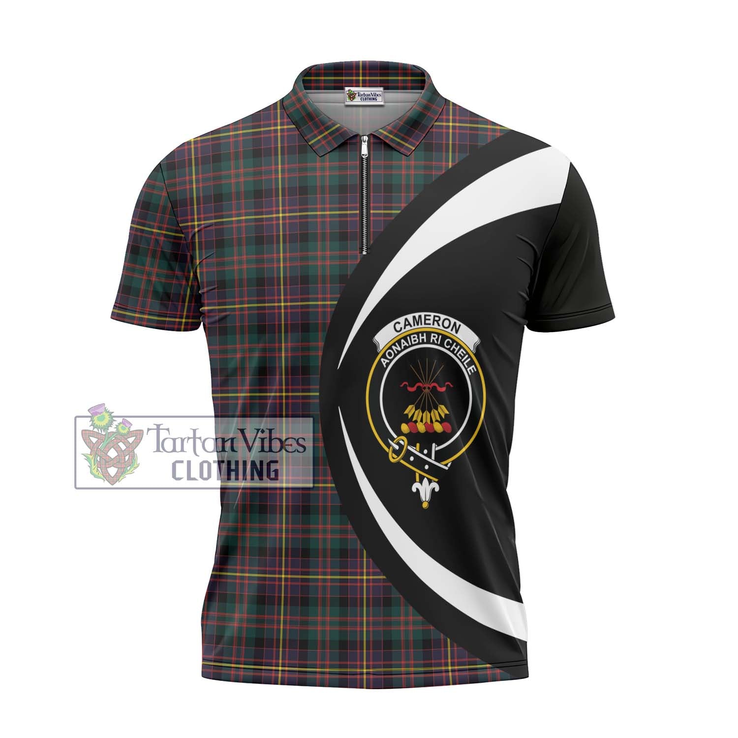 Tartan Vibes Clothing Cameron Highlanders of Ottawa Tartan Zipper Polo Shirt with Family Crest Circle Style