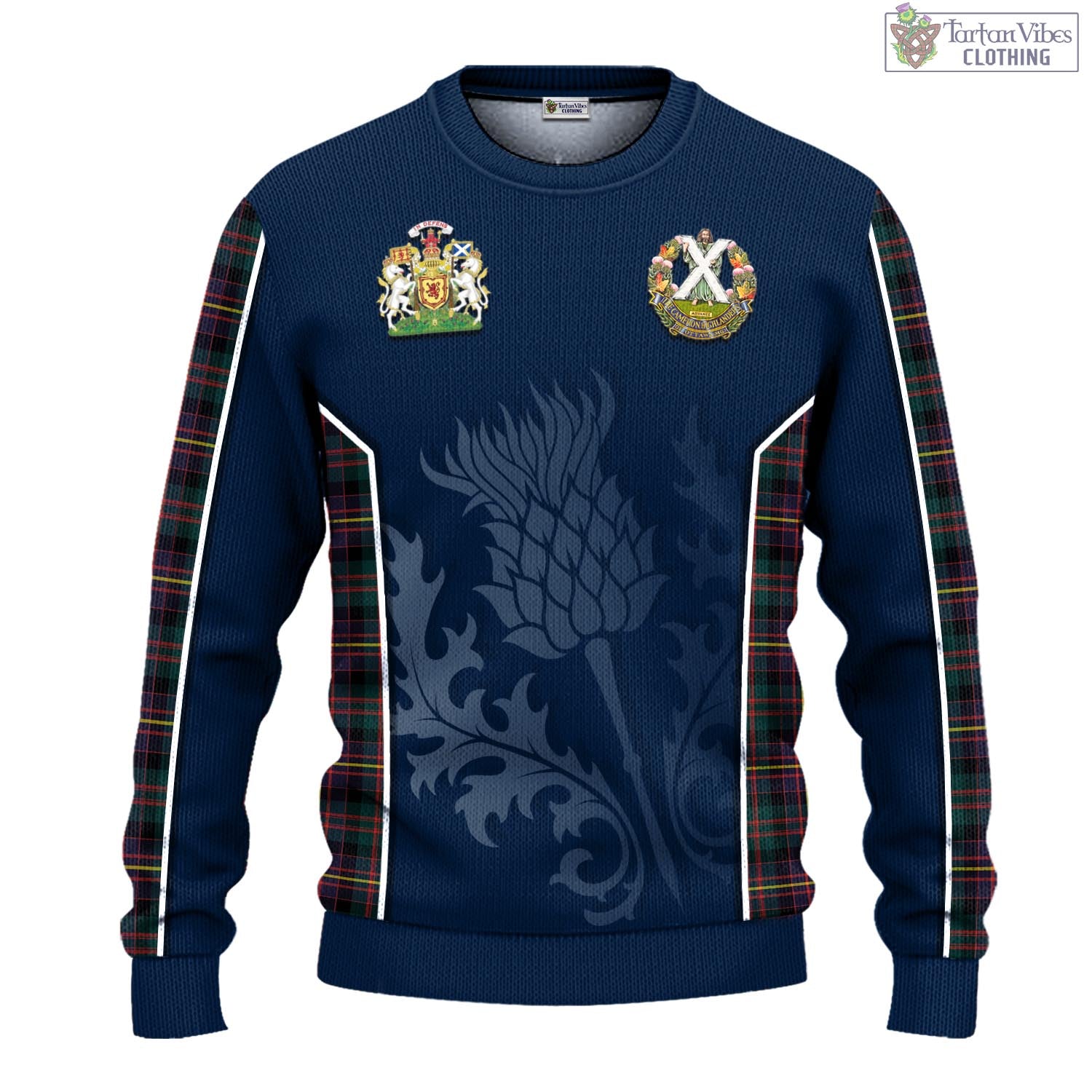 Tartan Vibes Clothing Cameron Highlanders of Ottawa Tartan Knitted Sweatshirt with Family Crest and Scottish Thistle Vibes Sport Style