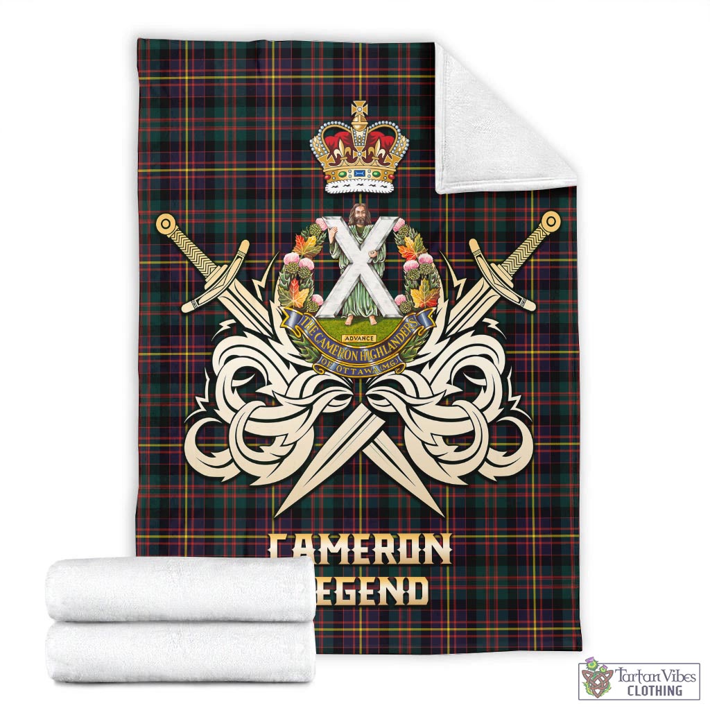 Tartan Vibes Clothing Cameron Highlanders of Ottawa Tartan Blanket with Clan Crest and the Golden Sword of Courageous Legacy