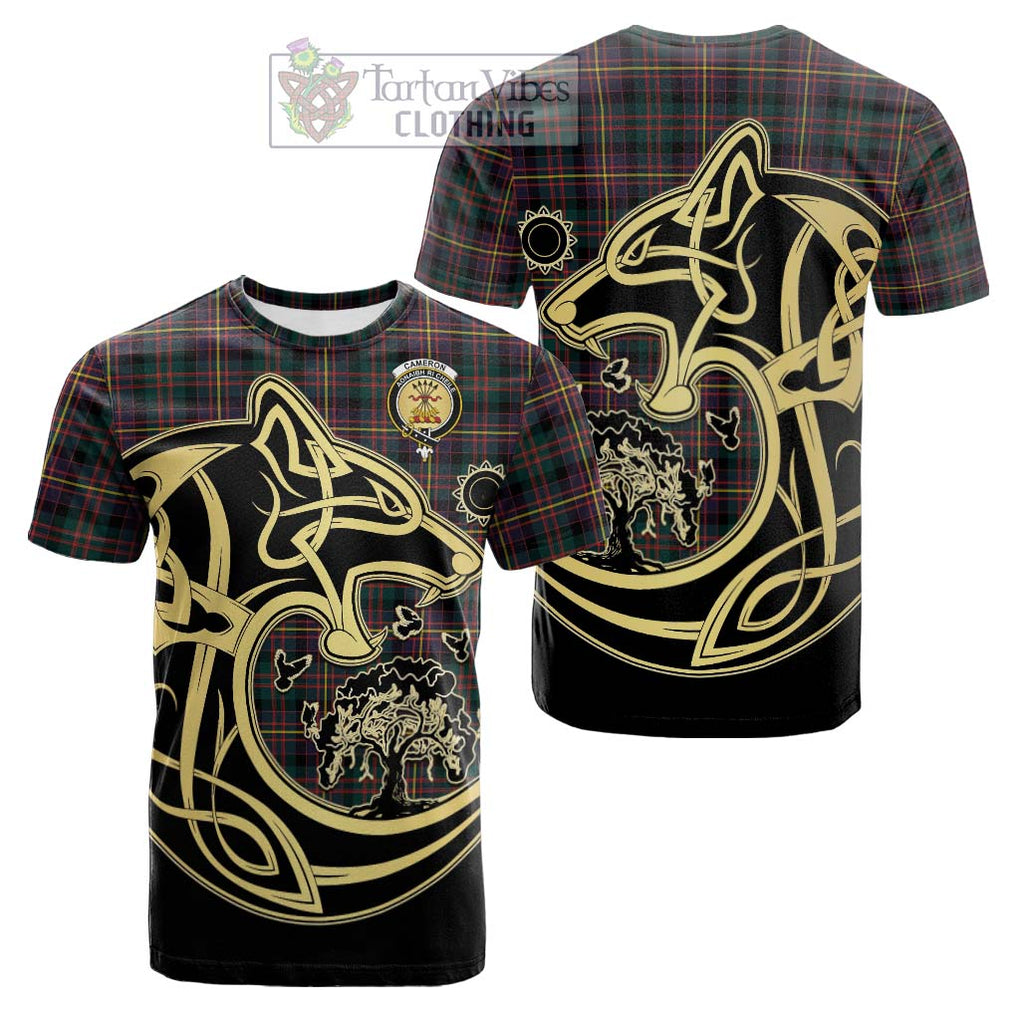 Tartan Vibes Clothing Cameron Highlanders of Ottawa Tartan Cotton T-shirt with Family Crest Celtic Wolf Style