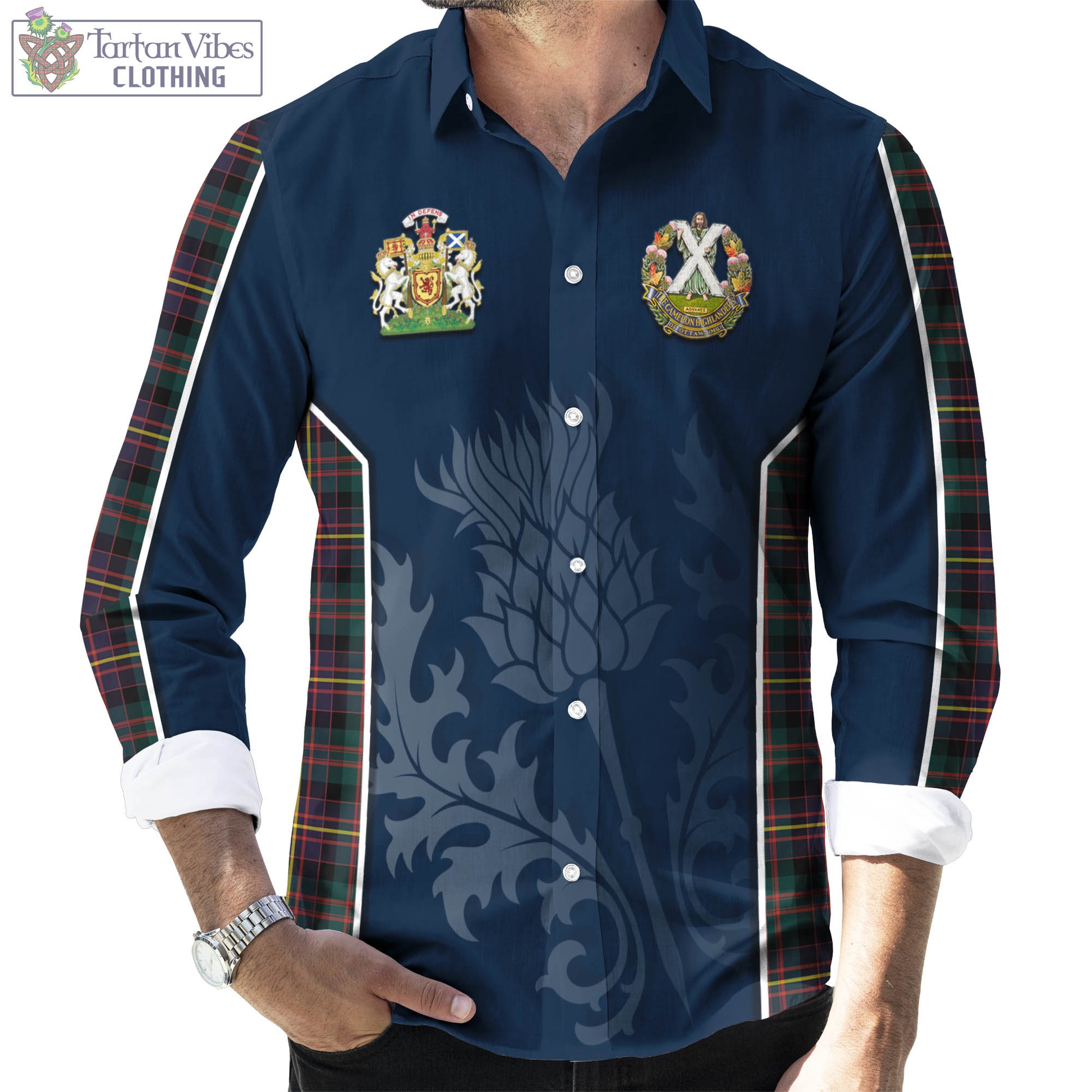 Tartan Vibes Clothing Cameron Highlanders of Ottawa Tartan Long Sleeve Button Up Shirt with Family Crest and Scottish Thistle Vibes Sport Style