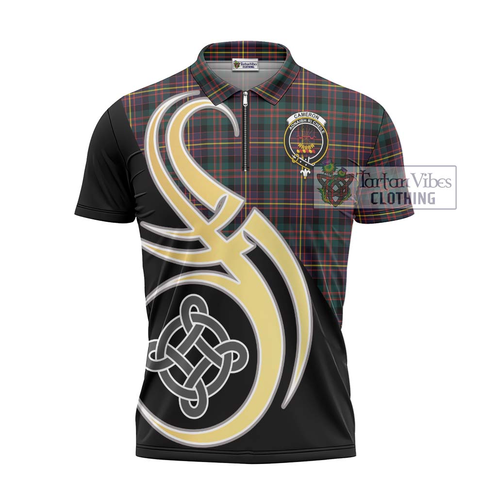 Tartan Vibes Clothing Cameron Highlanders of Ottawa Tartan Zipper Polo Shirt with Family Crest and Celtic Symbol Style