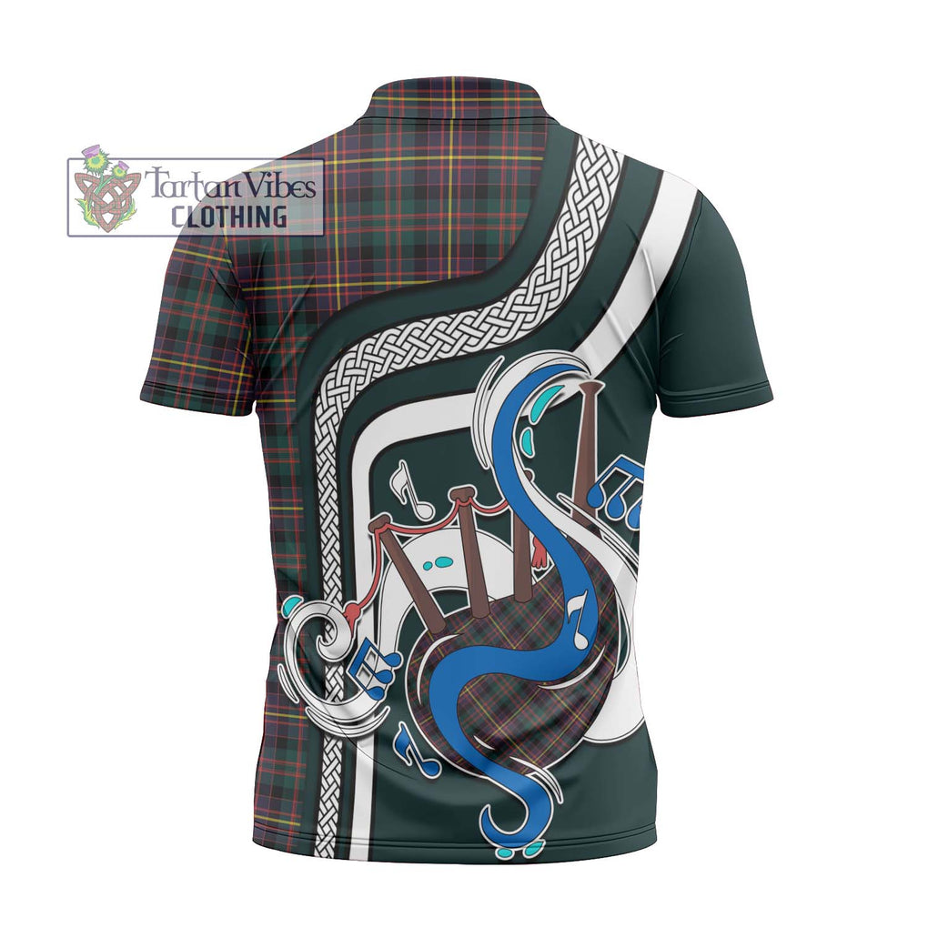 Cameron Highlanders of Ottawa Tartan Zipper Polo Shirt with Epic Bagpipe Style - Tartanvibesclothing Shop