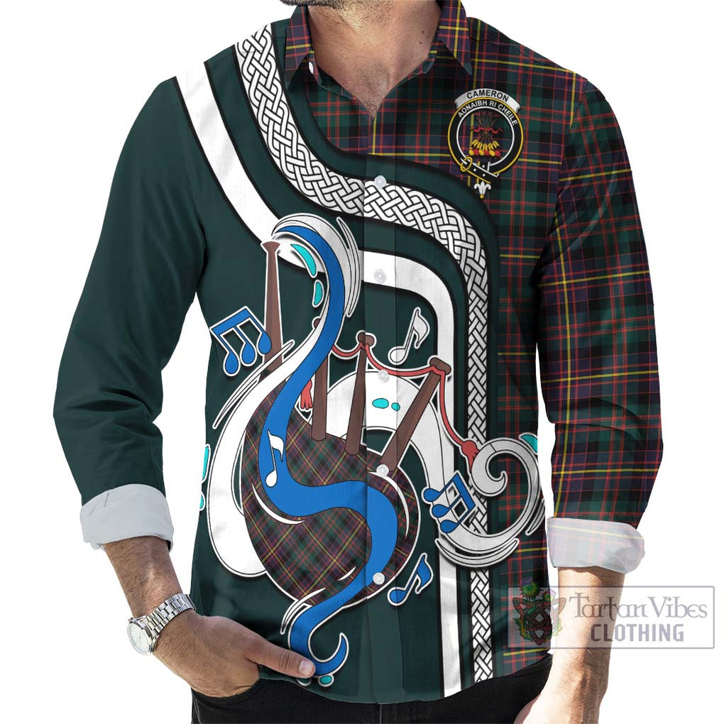 Cameron Highlanders of Ottawa Tartan Long Sleeve Button Shirt with Epic Bagpipe Style - Tartanvibesclothing Shop