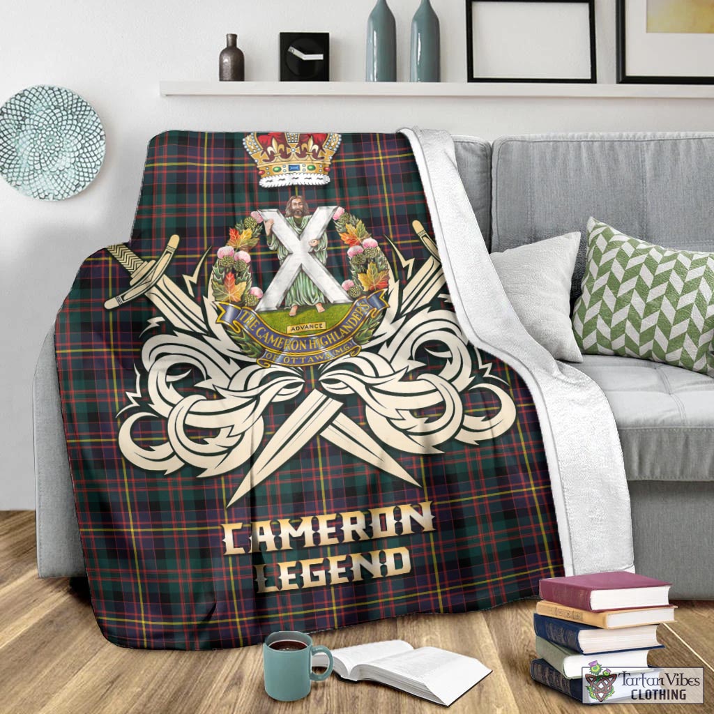 Tartan Vibes Clothing Cameron Highlanders of Ottawa Tartan Blanket with Clan Crest and the Golden Sword of Courageous Legacy