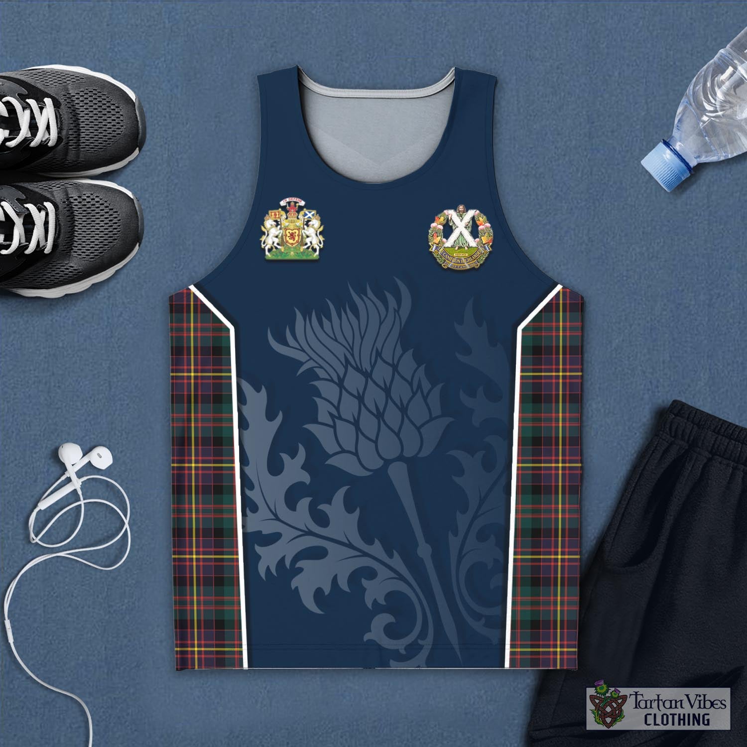 Tartan Vibes Clothing Cameron Highlanders of Ottawa Tartan Men's Tanks Top with Family Crest and Scottish Thistle Vibes Sport Style