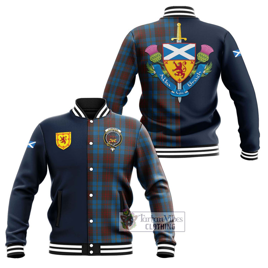 Tartan Vibes Clothing Cameron Hunting Tartan Baseball Jacket with Scottish Lion Royal Arm Half Style