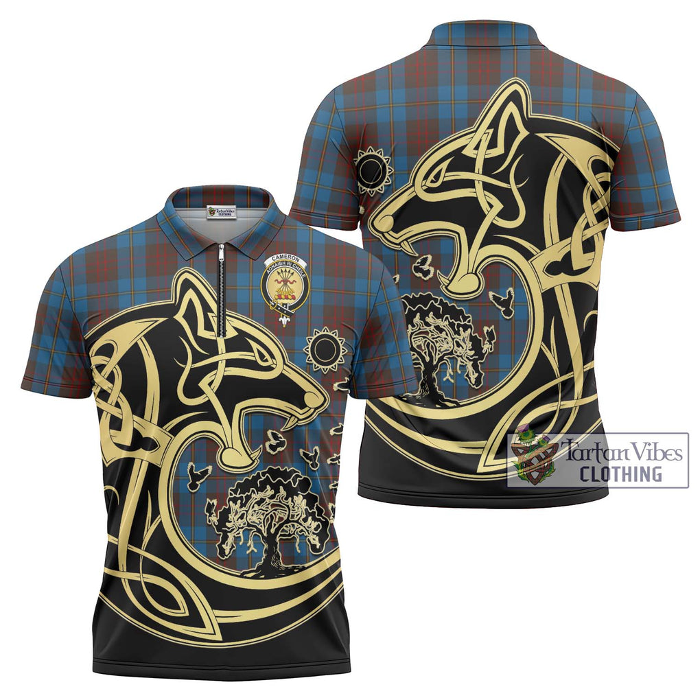 Cameron Hunting Tartan Zipper Polo Shirt with Family Crest Celtic Wolf Style Unisex - Tartanvibesclothing Shop