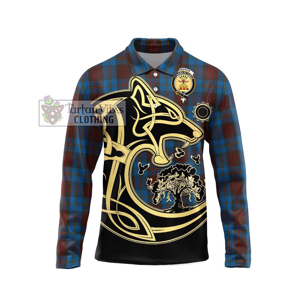 Cameron Hunting Tartan Long Sleeve Polo Shirt with Family Crest Celtic Wolf Style Unisex - Tartanvibesclothing Shop