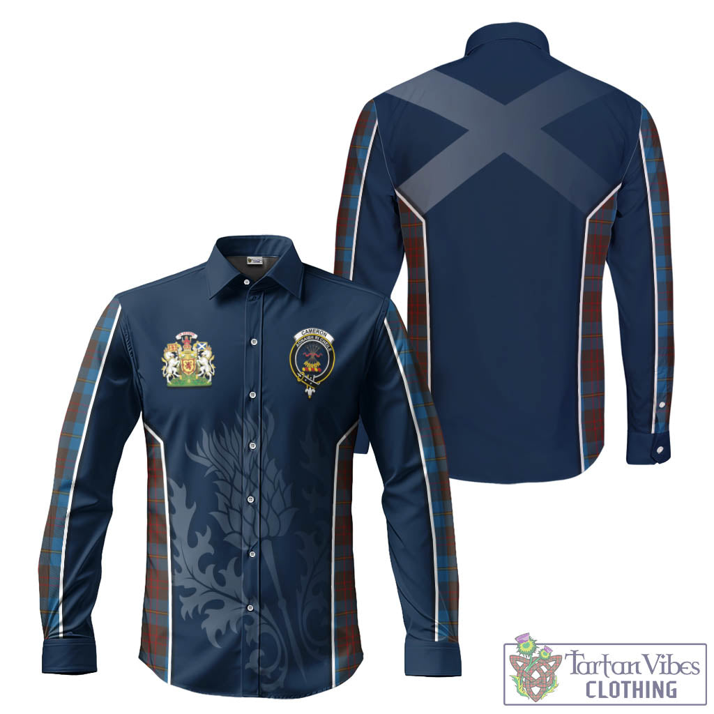 Tartan Vibes Clothing Cameron Hunting Tartan Long Sleeve Button Up Shirt with Family Crest and Scottish Thistle Vibes Sport Style