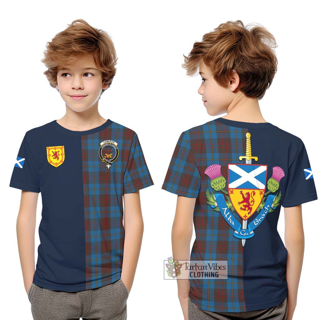 Tartan Vibes Clothing Cameron Hunting Tartan Kid T-Shirt with Scottish Lion Royal Arm Half Style