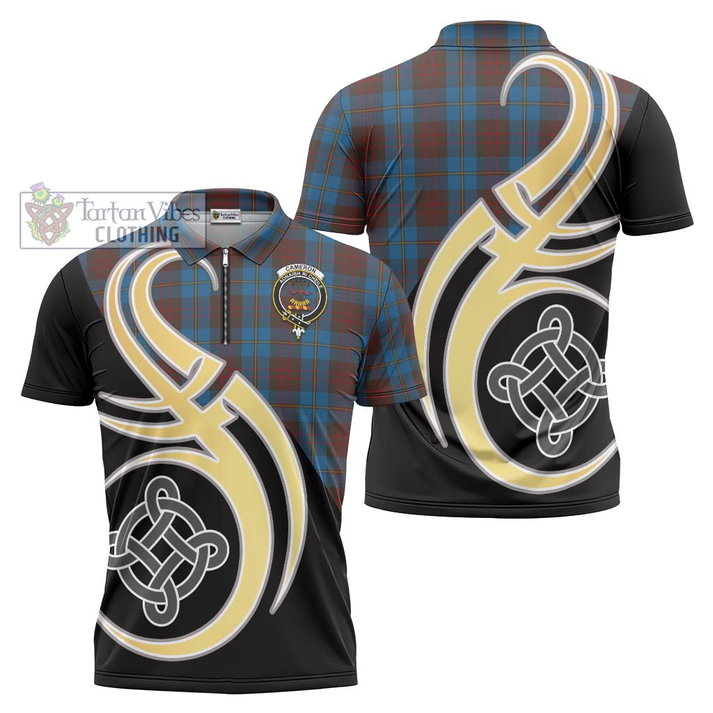 Tartan Vibes Clothing Cameron Hunting Tartan Zipper Polo Shirt with Family Crest and Celtic Symbol Style