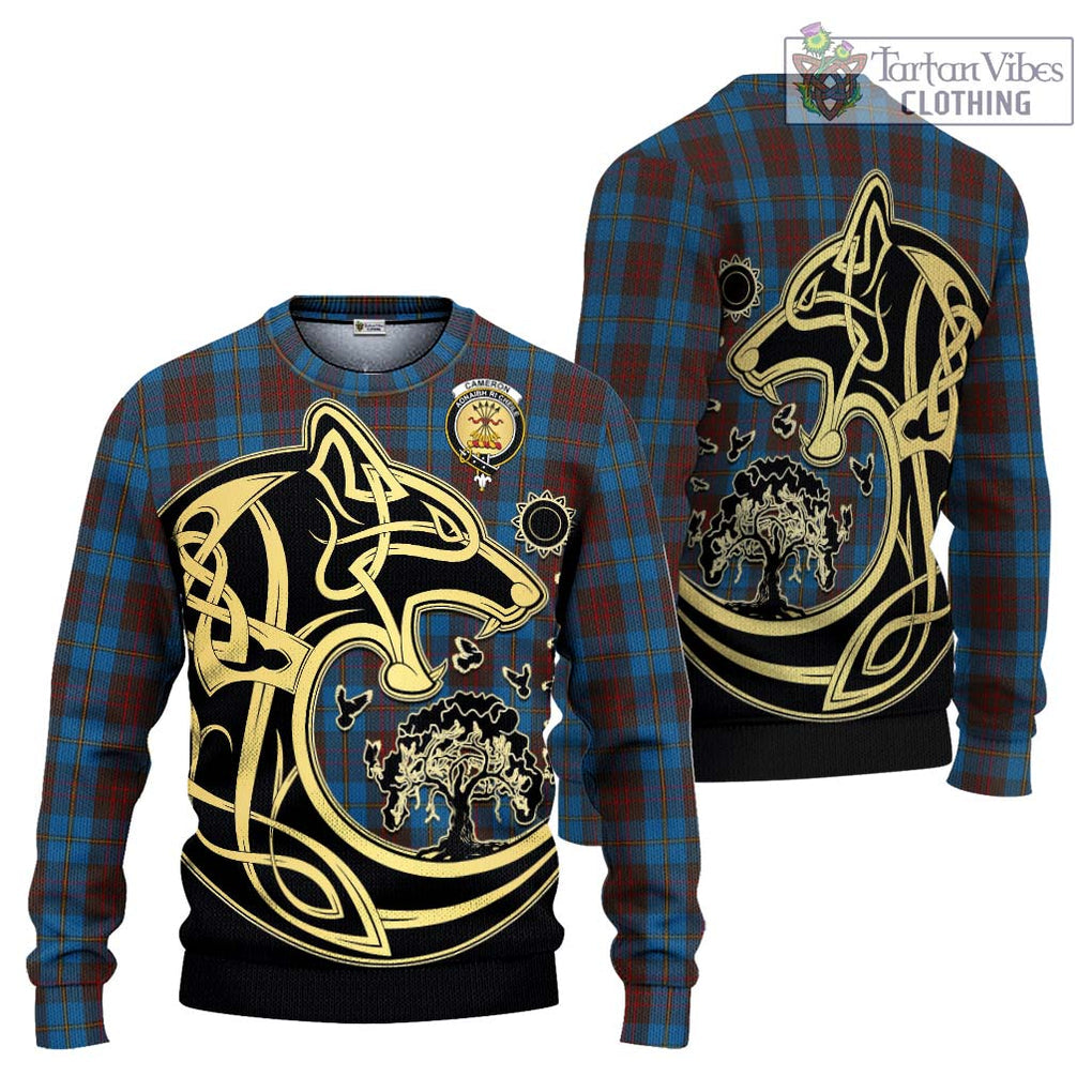 Cameron Hunting Tartan Knitted Sweater with Family Crest Celtic Wolf Style Unisex - Tartan Vibes Clothing