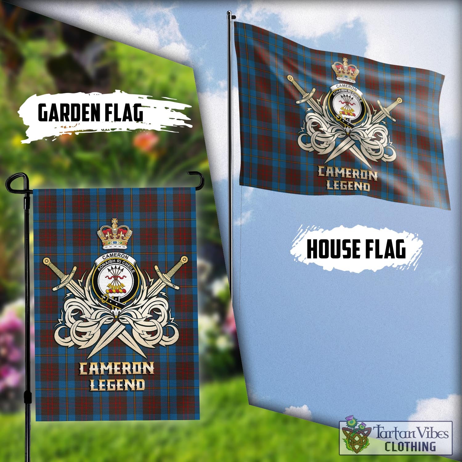 Tartan Vibes Clothing Cameron Hunting Tartan Flag with Clan Crest and the Golden Sword of Courageous Legacy