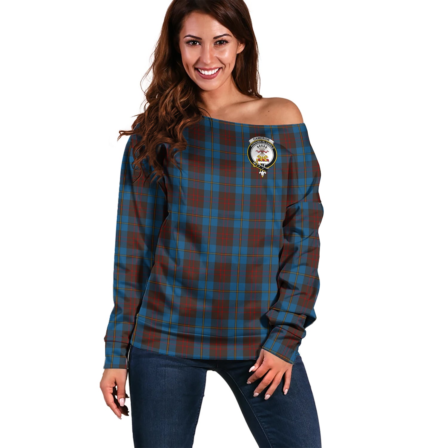 Cameron Hunting Tartan Off Shoulder Women Sweater with Family Crest Women - Tartanvibesclothing